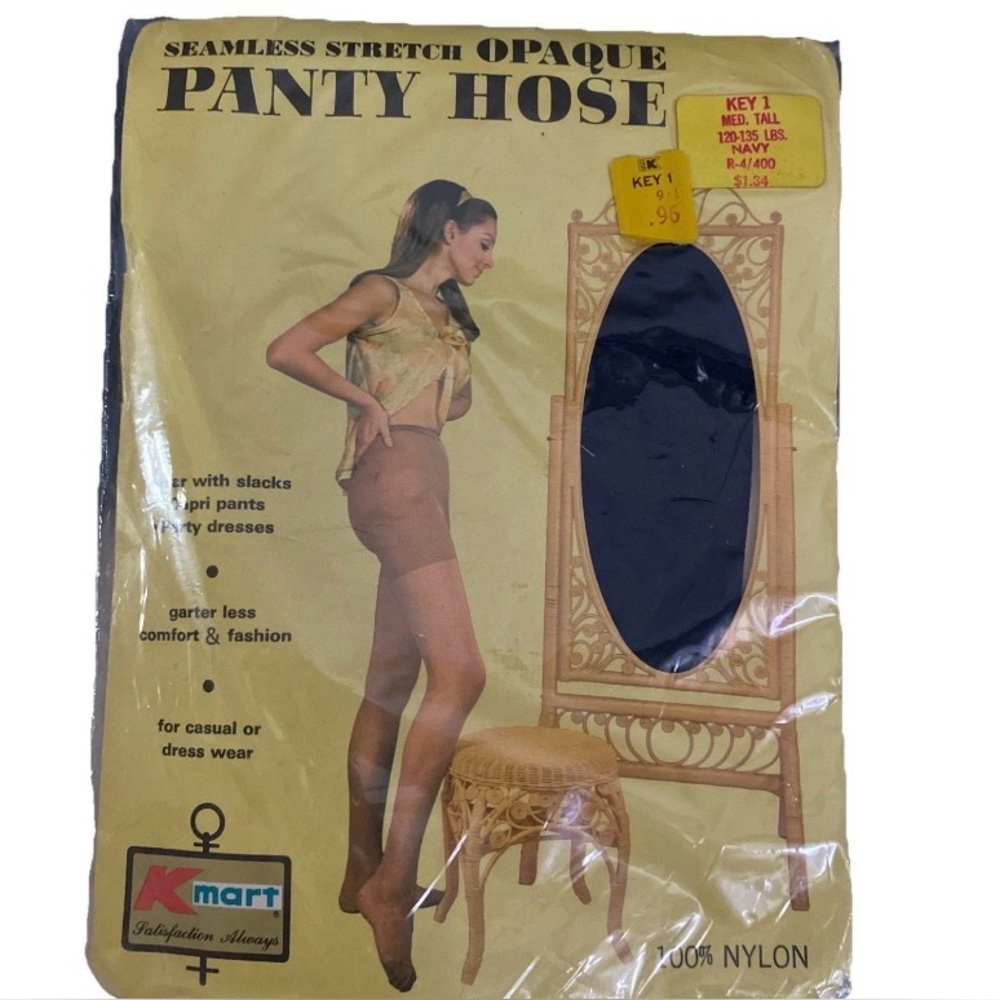 VTG 60s/70s SS Kresge-K Mart Wom M-Tall Navy Opaque Pantyhose Cool Graphics!